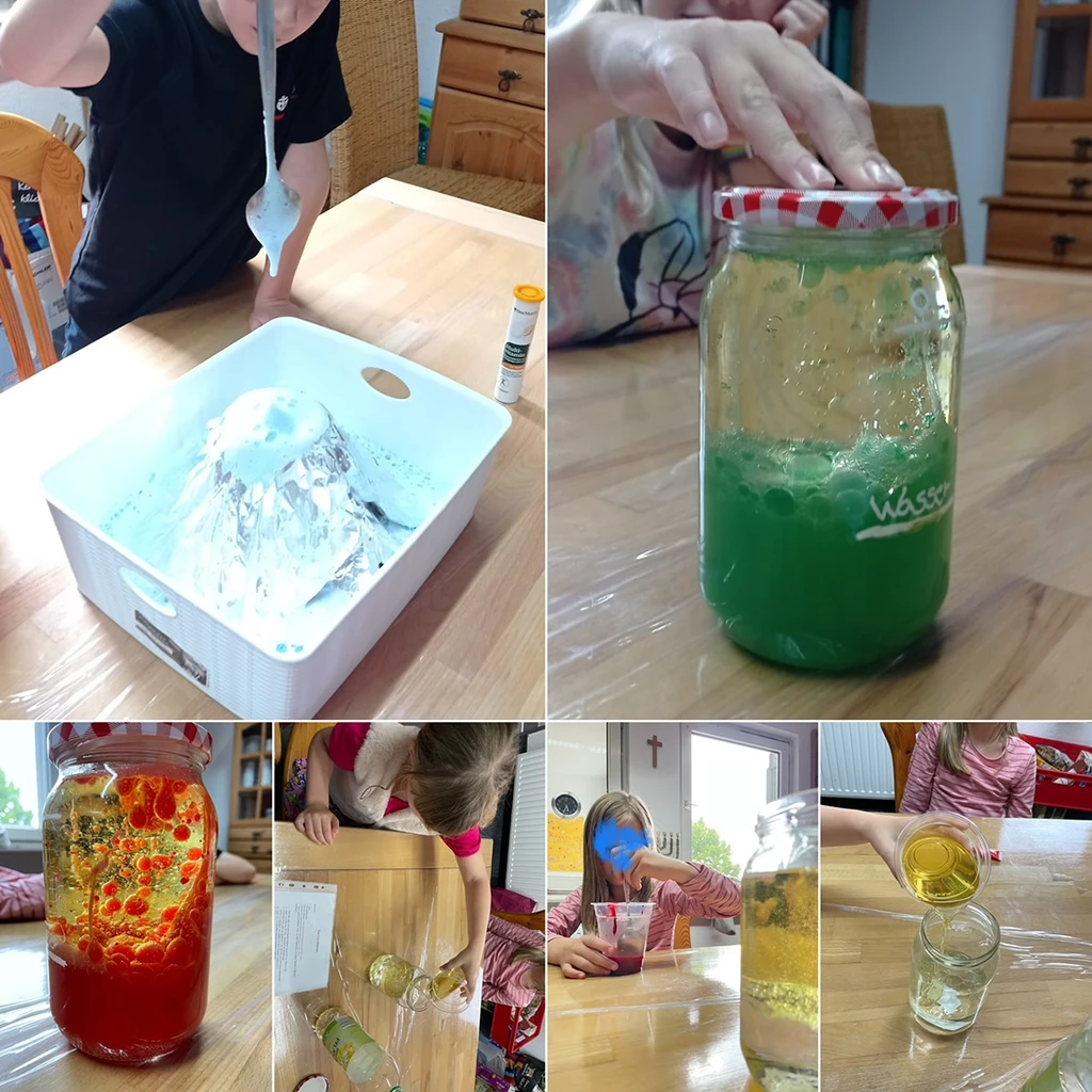 Die Collage zeigt Bilder mit Flüssigkeiten in verschiedenen Farben in Schraubgläsern.