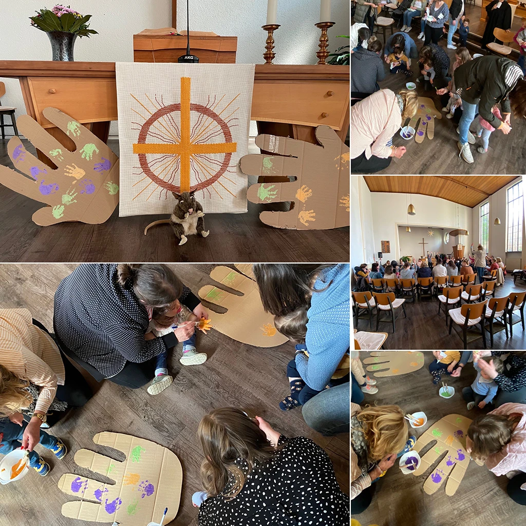 Collage von einem Krabbelgottesdienst mit der Kirchenmaus, vielen Kindern und Eltern.