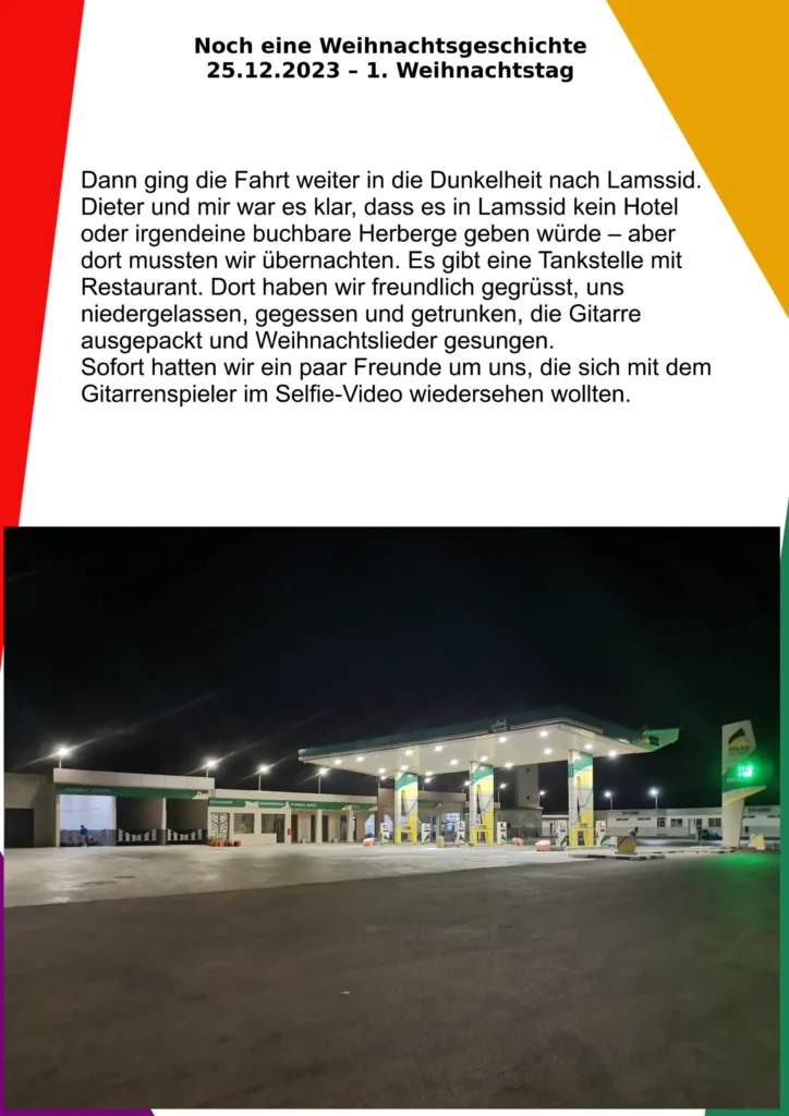 Eine tankstelle bei Nacht.