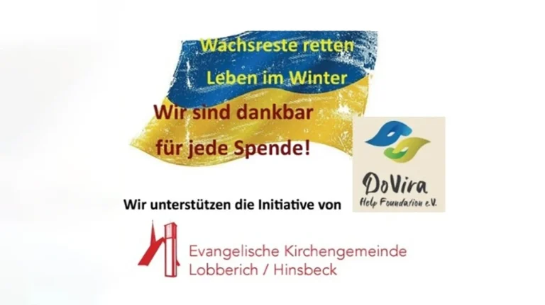 Ukrainische Fahne und Logo von DoVira mit dem Texten "Wachsreste retten Leben im Winter. Wir sind dankbar für jede Spende." und "Wir unterstützen die Initiative von Do Vira - Evangelische Kirchengemeinde Lobberich/ Hinsbeck