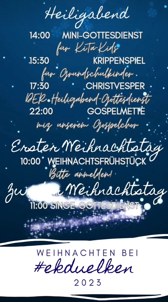Blauer Himmel mit Sternen und Programm für Weihnachten 2023 der Evangelischen Kirche in Dülken
